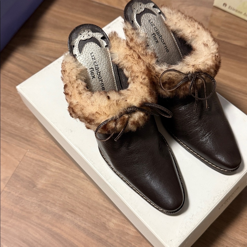 Liz Claiborne Dark Brown Fur-Trimmed Mules